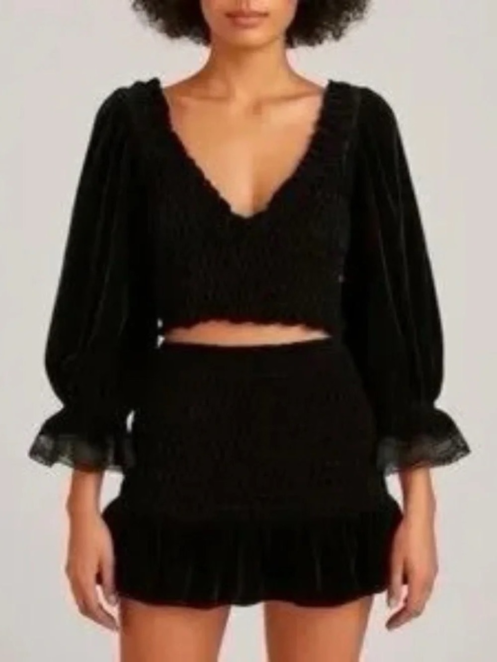 NWT Free People Velvet Black Smocked Mini Skirt Top 2 Piece Set Size M